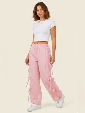 Pink Bowtie Cargo Small Jogging Pants Joggers Adjustable Bottoms Y2K 90s Style